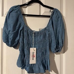 Geebee Women's Stylish Blue Smocked Blouse